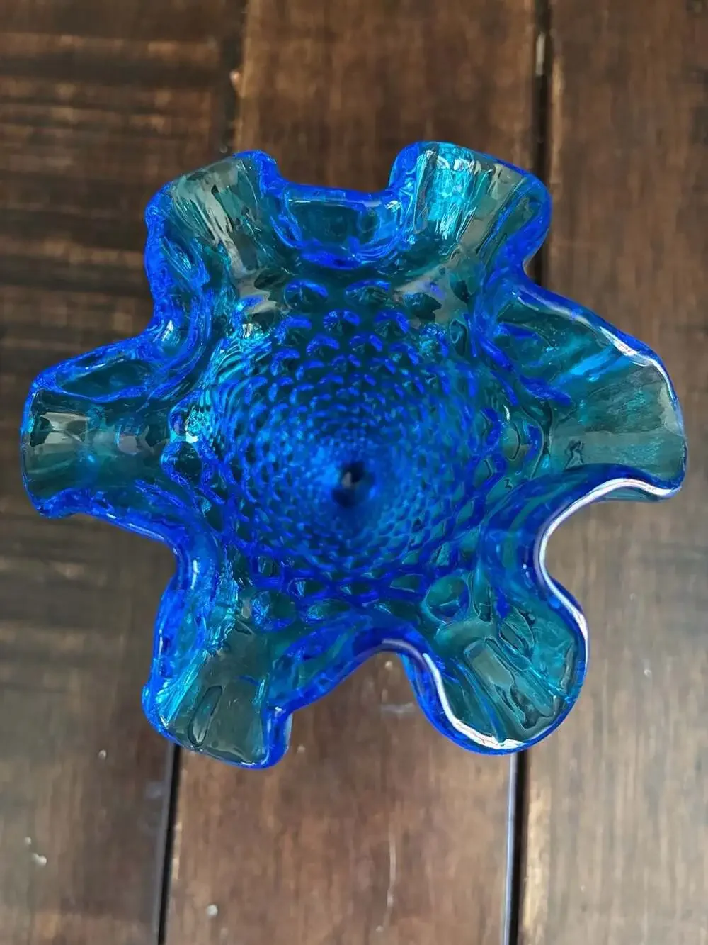 Vintage Fenton Colonial Blue Hobnail Ruffled Footed Vase 4